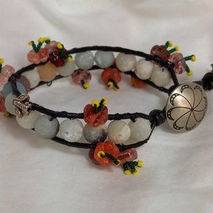 Woven Bracelet with Amazonite, Flowers, Silver Button on Black Leather